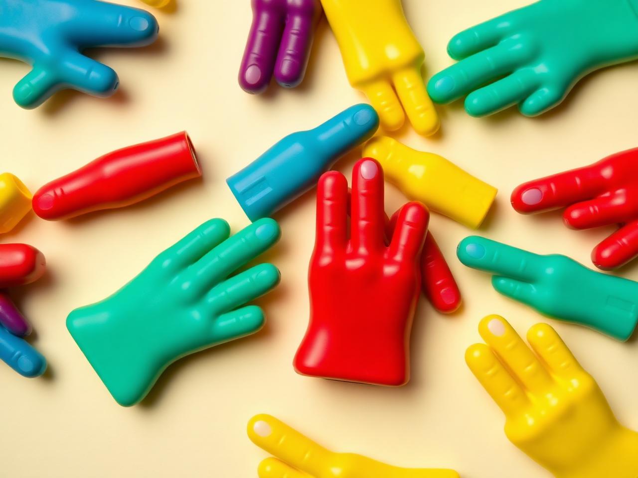 A colorful pile of mini middle fingers novelty gag toys